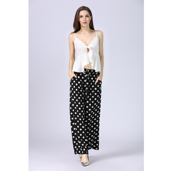 Women Black White Polka Dot Drawstring High Waist Wide Leg Pants - Image 4
