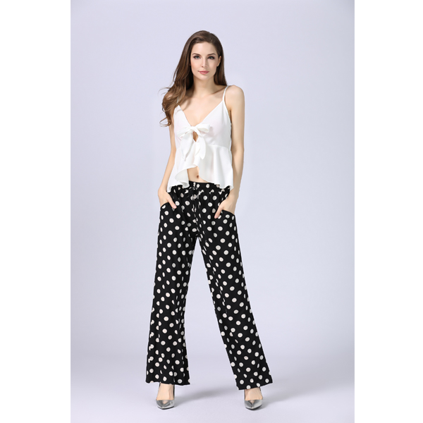 Women Black White Polka Dot Drawstring High Waist Wide Leg Pants - Image 5
