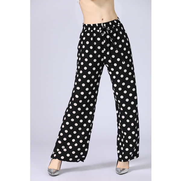 Women Black White Polka Dot Drawstring High Waist Wide Leg Pants - Image 2