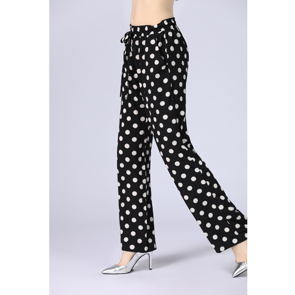 Women Black White Polka Dot Drawstring High Waist Wide Leg Pants - Image 3