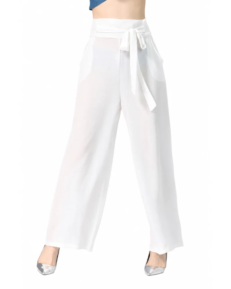 Women White Wrap Tie High Waist Wide Leg Pants