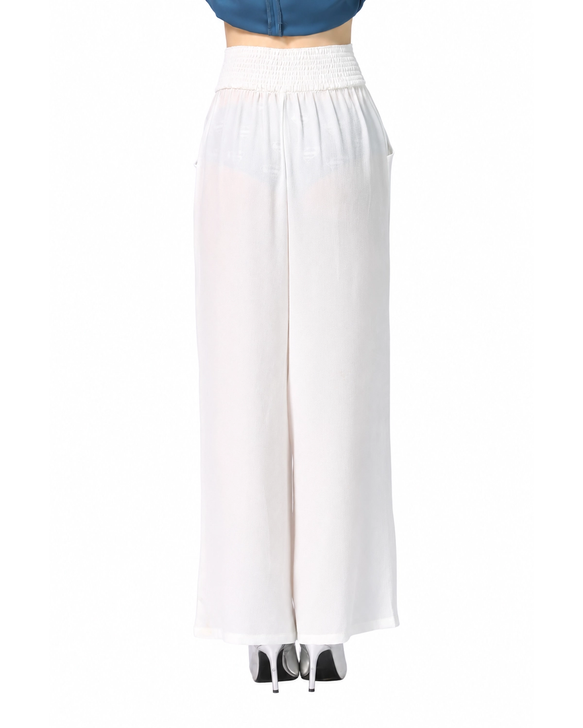 Women White Wrap Tie High Waist Wide Leg Pants - Image 2