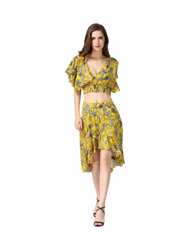 V-neck Ruffle Sleeve Crop Top & Irregular Ruffle Midi Skirt Set