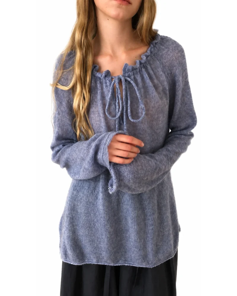 Ruffled Tie-Neck Sheer Knit Sweater
