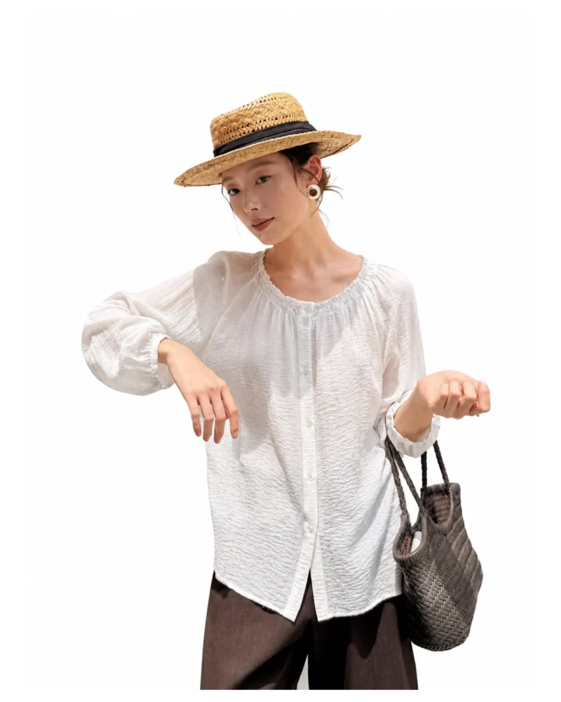 Gathered Neck Button-Front Blouse